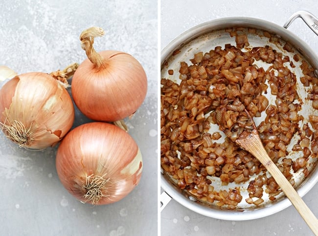 Three whole onions and then caramelized onions in a skillet.