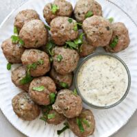 A white plate filled with Dairy Free Turkey Meatballs.