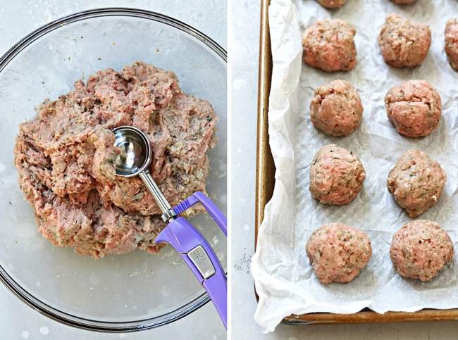 Ground turkey in a bowl and unbaked meatballs on a baking sheet.