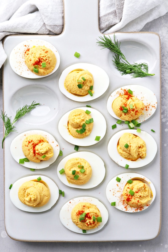 A grey platter with Non Dairy Deviled Eggs.