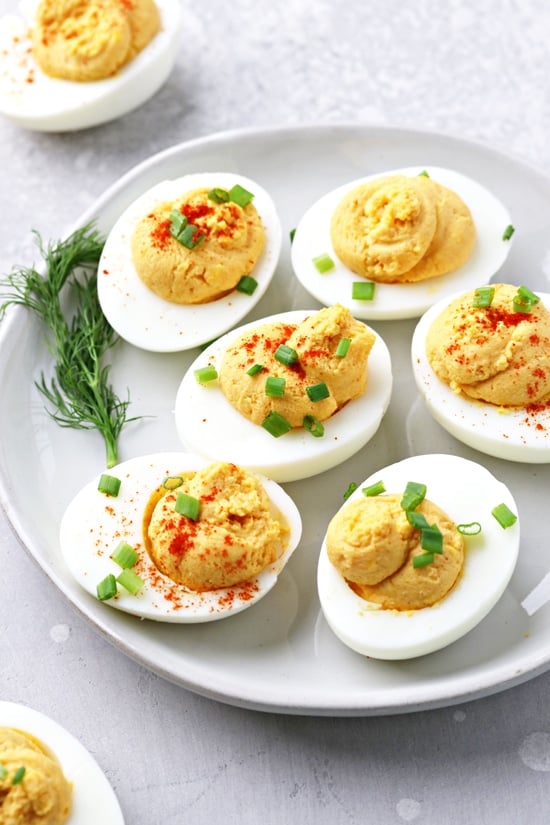 A plate filled with Lactose Free Deviled Eggs.