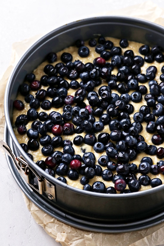 Cake batter in a pan topped with blueberries.
