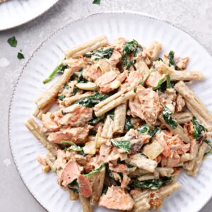 Two plates filled with Dairy Free Salmon Pasta.