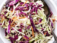 Dairy Free Coleslaw in a white bowl.