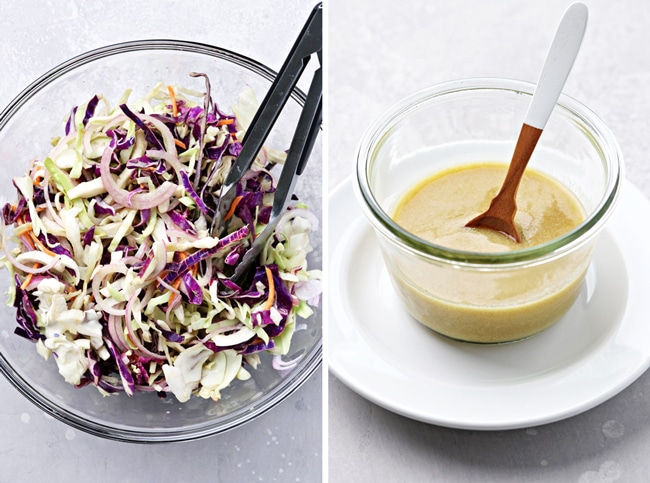 Sliced raw cabbage in a bowl and then dressing in a jar.
