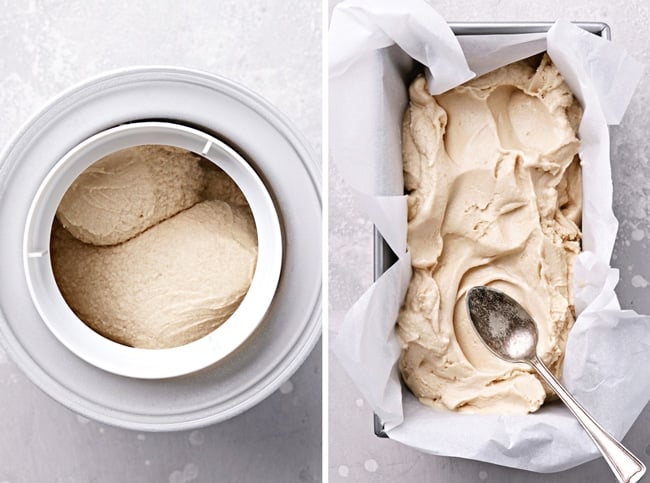 Churning ice cream and then ice cream being spread in a pan.