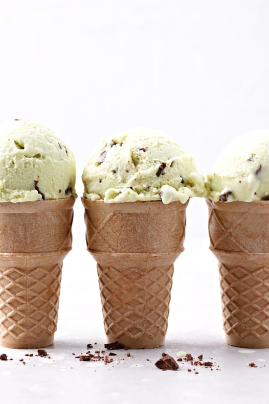 Three ice cream cones with Dairy Free Mint Chocolate Chip Ice Cream.