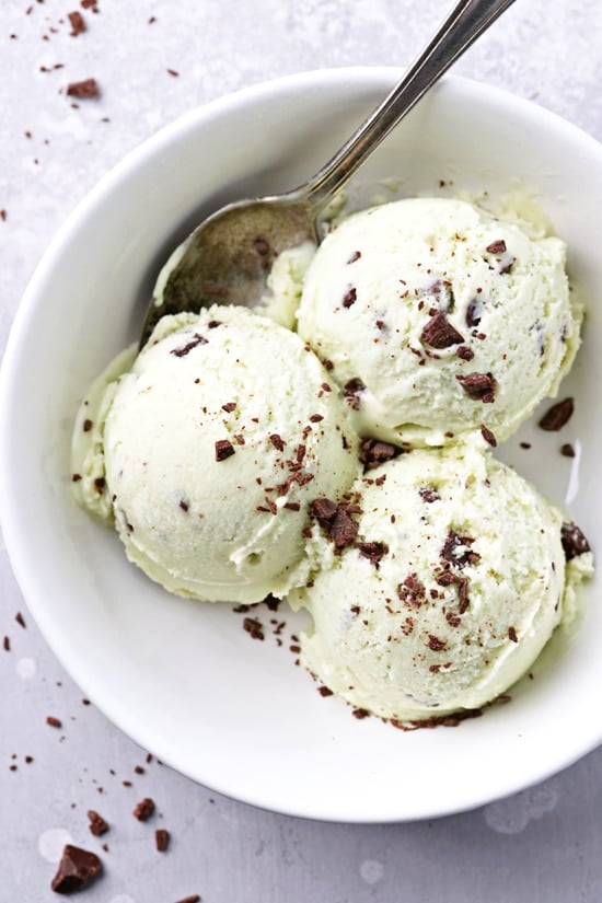 Three scoops of Lactose Free Mint Chip Ice Cream in a bowl.