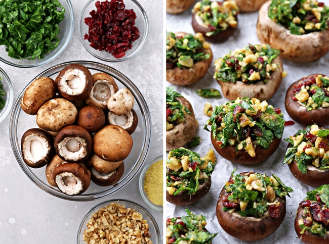 Whole mushrooms in a bowl and then unbaked stuffed mushrooms.