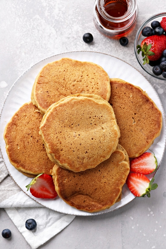 A plate of plain Fluffy Almond Milk Pancakes.