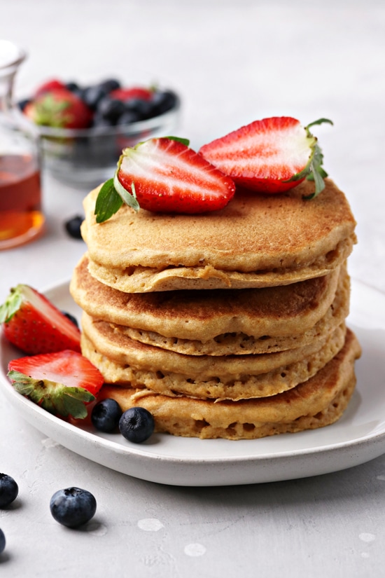 A stack of four Dairy Free Almond Milk Pancakes.