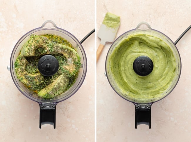 A food processor with dressing ingredients and then fully blended.