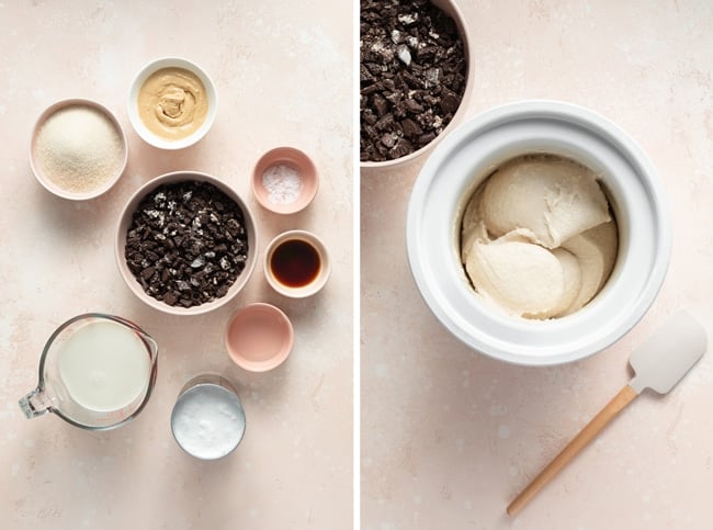 Ingredients in small bowls and then vanilla ice cream in an ice cream maker.