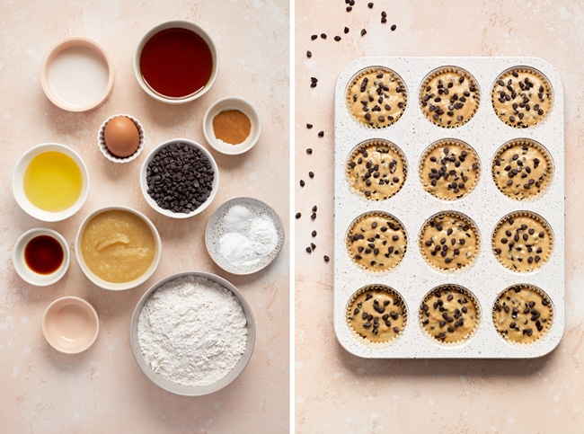 Muffin ingredients in small bowls and then muffin batter in tins.