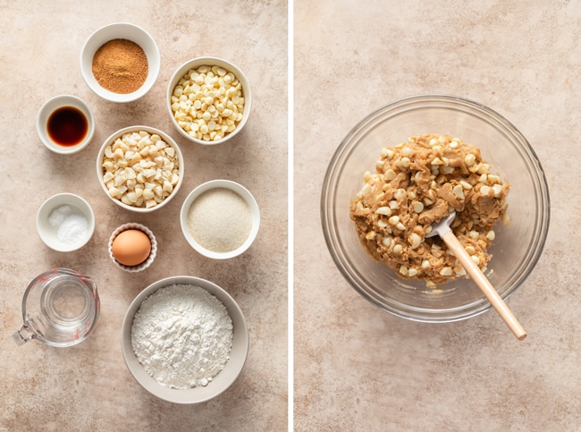 Cookie ingredients in small bowls and then cookie batter in a mixing bowl.