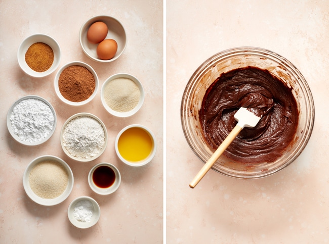 Cookie ingredients in small bowls and then cookie batter in a mixing bowl.