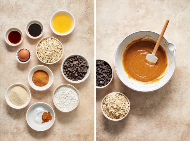 Cookie ingredients in small bowls and then cookie batter partially assembled.