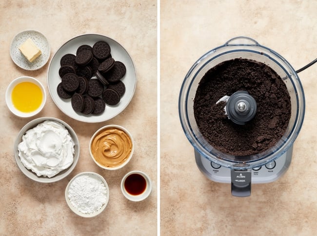 Pie ingredients in small bowls and then cookies crushed in a food processor.