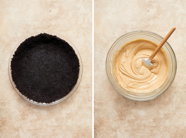 An oreo cookie crust and then peanut butter filling in a mixing bowl.