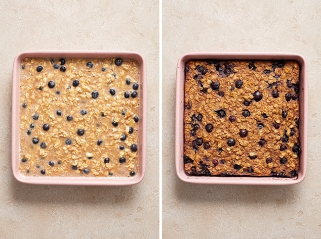 Unbaked and then baked Dairy Free Baked Oats in a pink tray.
