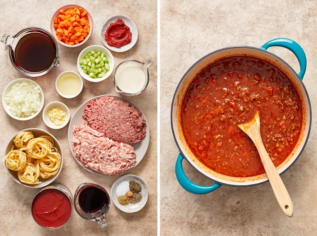 Bolognese ingredients in small bowls and then combined in a large pot.