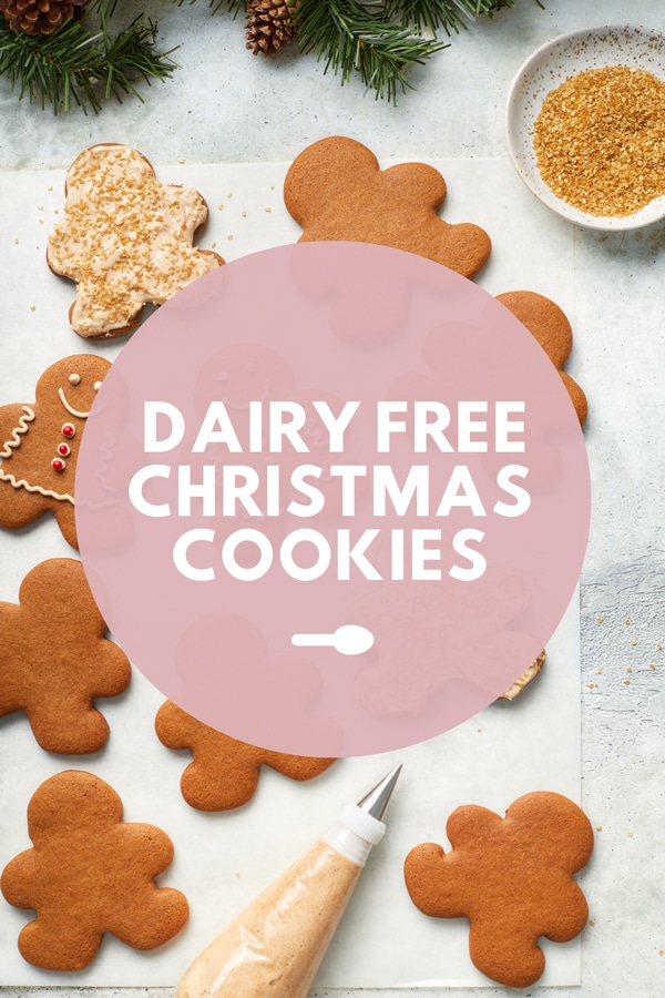 Gingerbread cookies with Dairy Free Christmas Cookies text overlay.