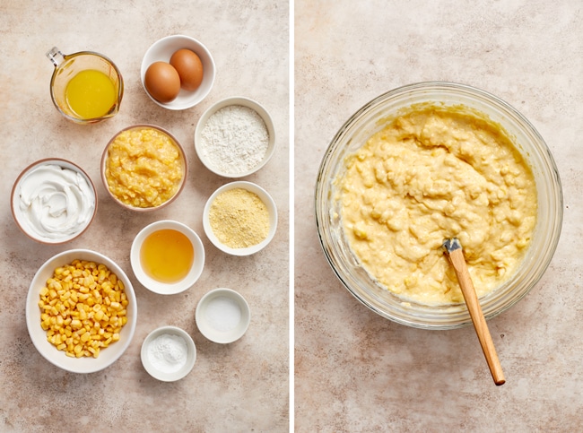 Corn casserole ingredients in small bowls and then the batter in a mixing bowl.