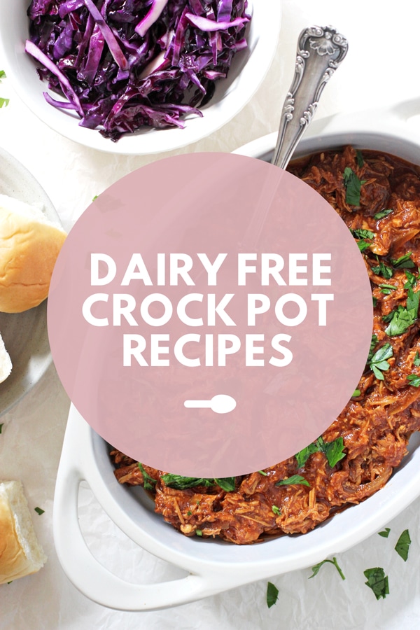 Pulled bbq chicken with Dairy Free Crock Pot Recipes text overlay.