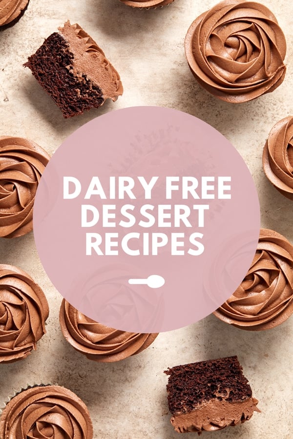 Chocolate cupcakes with Dairy Free Dessert Recipes text overlay.