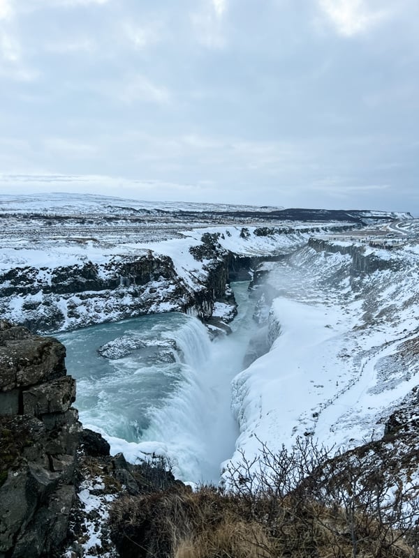 A winter waterfall on the Golden Circle in Iceland.