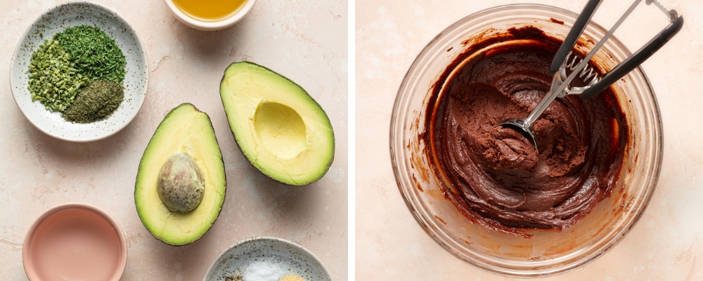Ingredients in small bowls and then chocolate batter in a mixing bowl.