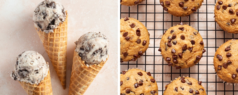 Three dairy free ice cream cones and then dairy free muffins on a cooling rack.