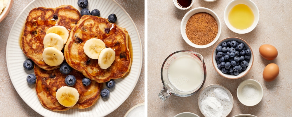 Oat milk pancakes on a plate and then pancake ingredients in small bowls.