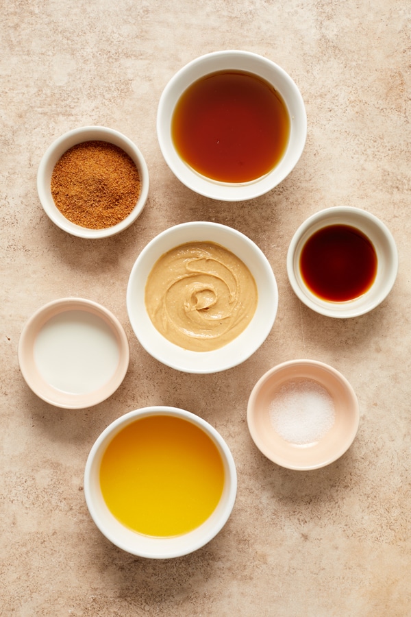 Caramel ingredients in small bowls.