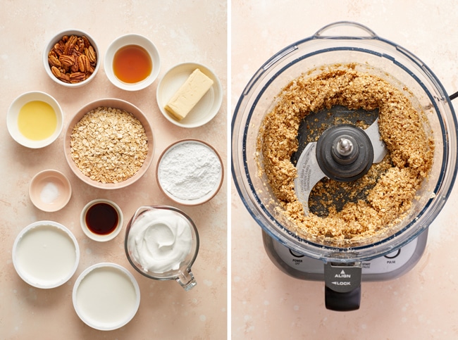 No bake cheesecake ingredients in small bowls and then crust ingredients pulsed in a food processor.