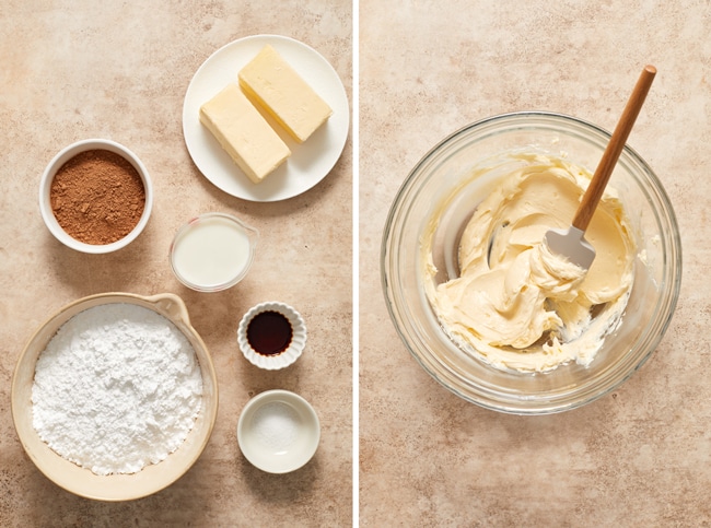 Frosting ingredients in small bowls and then butter beat in a mixing bowl.