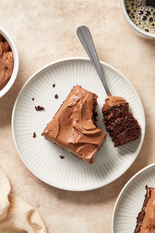 Dairy Free Chocolate Frosting spread on a chocolate cake.