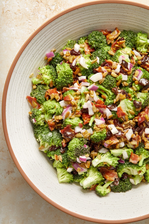 Close up view of Dairy-Free Broccoli Salad in a serving bowl.