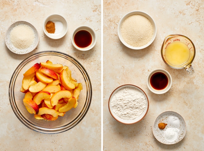 Ingredients for peach cobbler in small bowls.