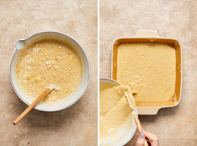 Cornbread batter in a mixing bowl and then being poured into a baking dish.