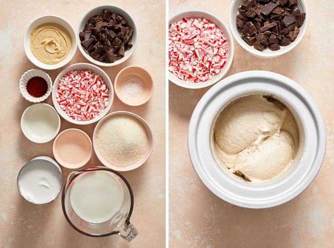 Ingredients for peppermint ice cream in small bowls and then the base churned in an ice cream maker.