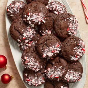 A white platter filled with Dairy Free Chocolate Peppermint Cookies.