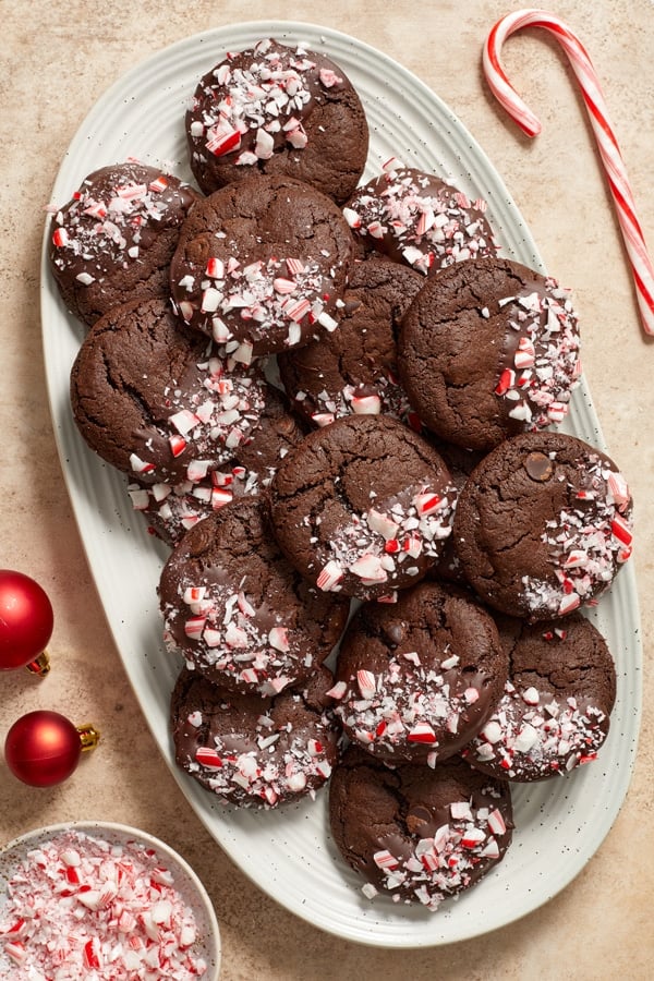 A white platter filled with Dairy Free Chocolate Peppermint Cookies.